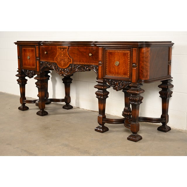 Baroque Antique Victorian Renaissance Revival Carved Mahogany Inlaid Marquetry Sideboard by Rockford Furniture, Circa 1920s For Sale - Image 3 of 18