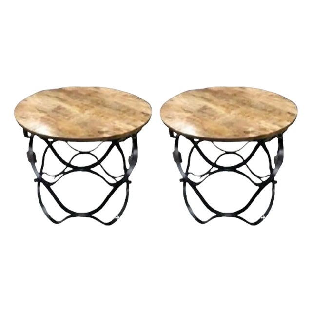 Pair of Industrial Round Mango Wood & Iron Side Tables For Sale