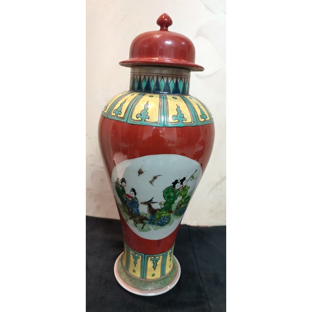 Early 20th Century Chinese Ceramic Pot Qing Dynasty Kangxi Marked Red Ground Famille Verte Porcelain Ginger Jar Hand Painted Figures Story Pattern For Sale - Image 5 of 10