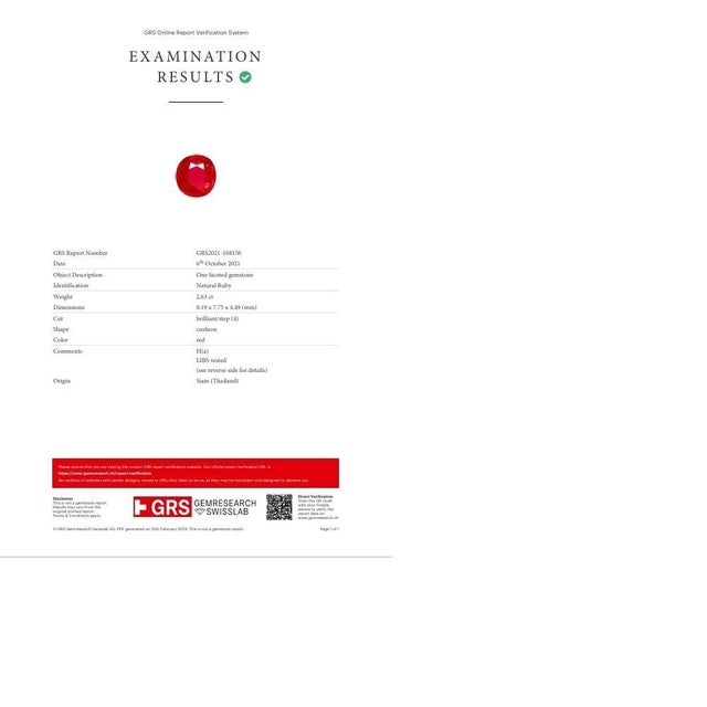 2.63 Carat Thai Ruby Diamond Ballerina Platinum Ring, Grs Certified, Size 6.25 For Sale In Los Angeles - Image 6 of 6