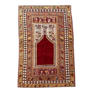 Antique Avanos Cappadocia Rug | Vibrant Red Prayer Rug With Intricate Decorative Details | 5x7 For Sale