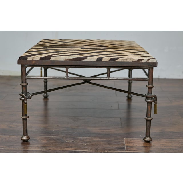 Eclectic Midcentury Zebra Hide Top Metal Coffee Table with Petite Gilt Tassels For Sale - Image 12 of 12