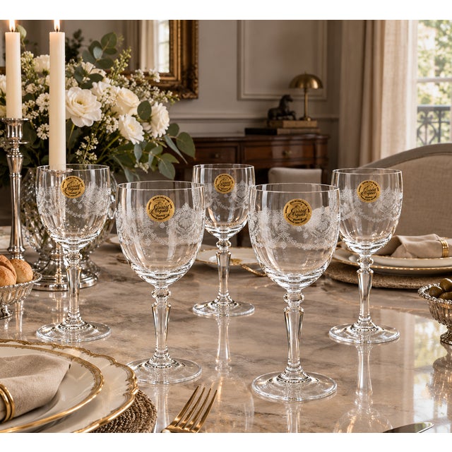 Vintage Lead Crystal Wine Glasses with Floral Etching, France, 1980s, Set of 5 For Sale - Image 3 of 5