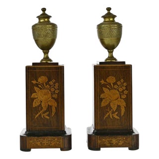 19th Century French Empire Bronze Vases with Inlaid Wood, Set of 2 For Sale