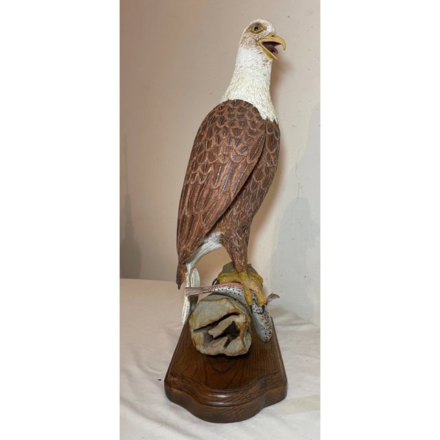 Vintage Hand Carved Wood Folk Art Bald Eagle Bird With Fish Sculpture Statue For Sale - Image 9 of 17
