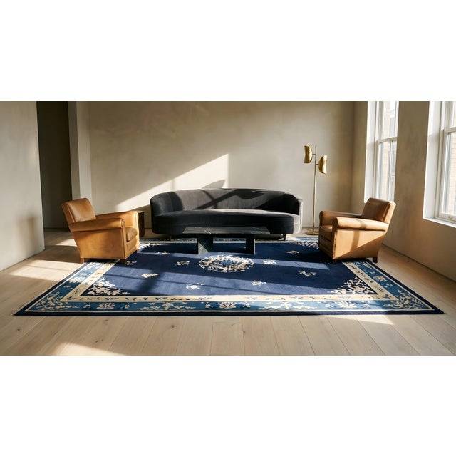 1920s Blue Navy Medallion Antique Chinese Peking Carpet 9'2" X 11'8" Knotted Wool Rug For Sale - Image 13 of 15