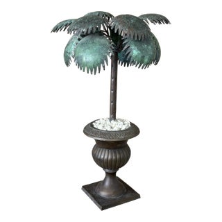 Vintage Verdigris Metal Palm Tree Sculpture in Classical Urn For Sale