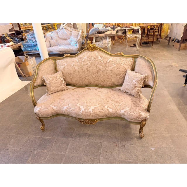 1960s French Louis XV Rococo Canapac Loveseat Antique Green & Gold Gilt Wood Beige upholstery Settee For Sale In Orlando - Image 6 of 8