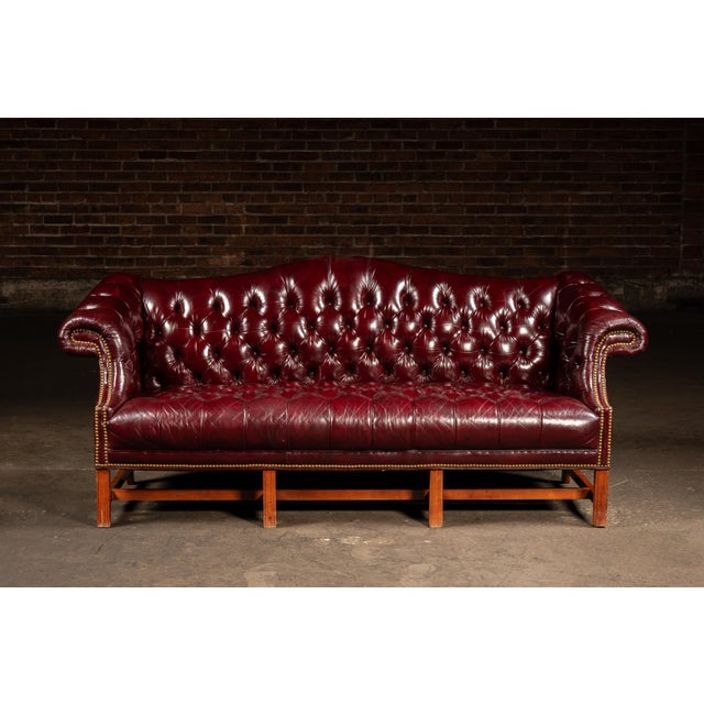 Chippendale Vintage Chippendale-Style Camelback Chesterfield Leather Sofa in Oxblood For Sale - Image 3 of 13