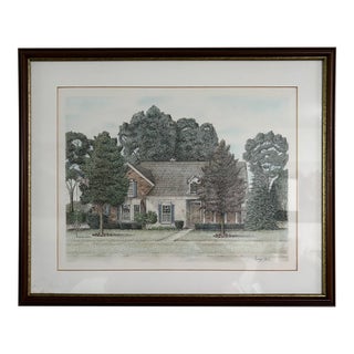 Amy Feil Signed Ink and Watercolor Architectural House Portrait, Framed For Sale