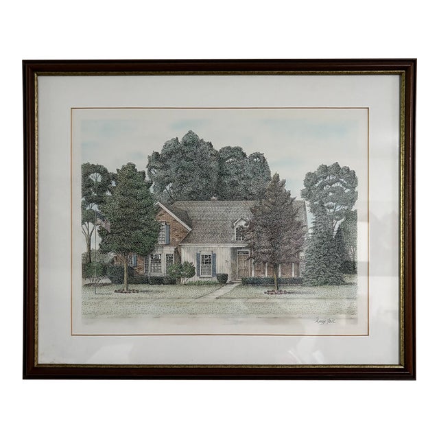Amy Feil Signed Ink and Watercolor Architectural House Portrait, Framed For Sale