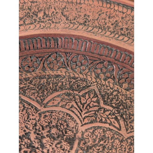 Sculpture Materials Artisanal Hand-Engraved Turkish Copper Charger or Ottoman Serving Tray Vintage Ottoman Style Hand-Hammered Copper Plate With Intricate Engraving For Sale - Image 7 of 7