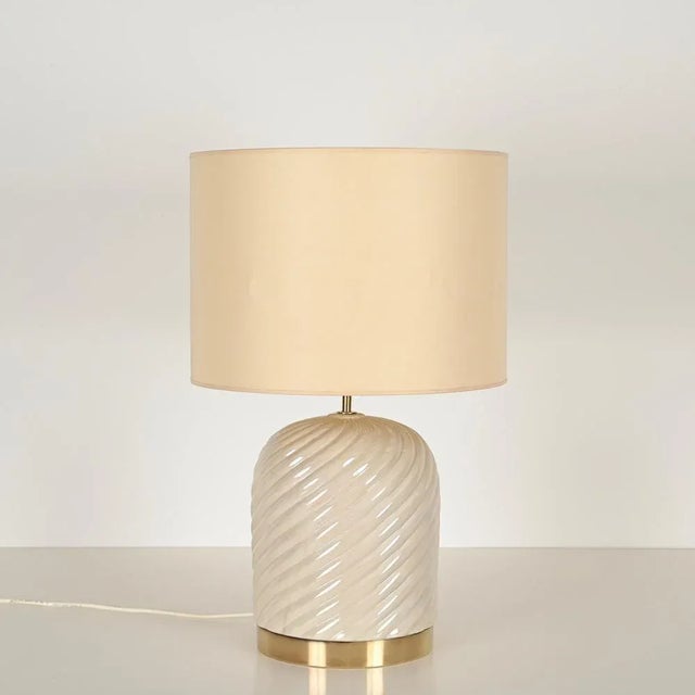 Mid-Century Italian Cream Ceramic and Brass Table Lamp from Tommaso Barbi, 1970s For Sale - Image 9 of 13