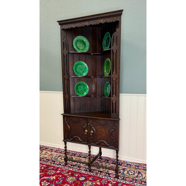 Antique English Jacobean Corner Cabinet Barley Twist Legs Oak Key Tall 1920s For Sale - Image 12 of 18