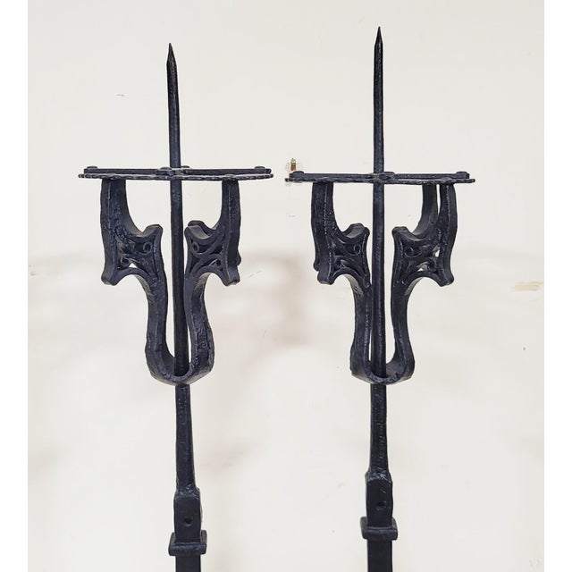 Gothic Pair Antique American Hammered Wrought Iron Floor Pricket Candle Stand Holders For Sale - Image 3 of 15