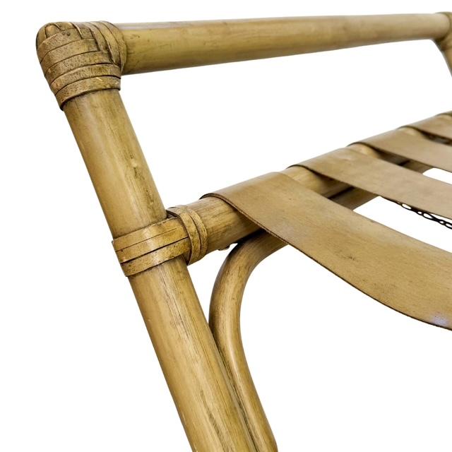 Tan Vintage Mid-Century Faux Bamboo & Faux Leather Folding Luggage Rack For Sale - Image 8 of 13
