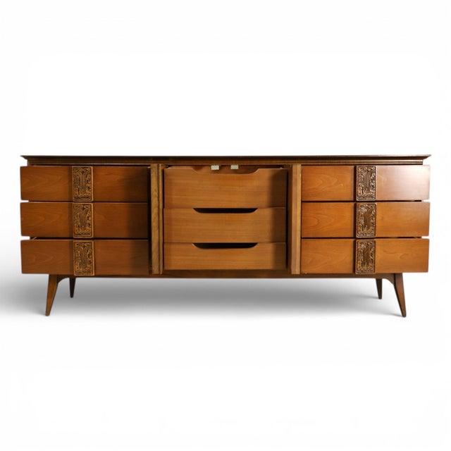 Wood Bassett Mayan Mid-Century Modern Tiki 9-Drawer Lowboy Dresser, C. 1960s For Sale - Image 7 of 12