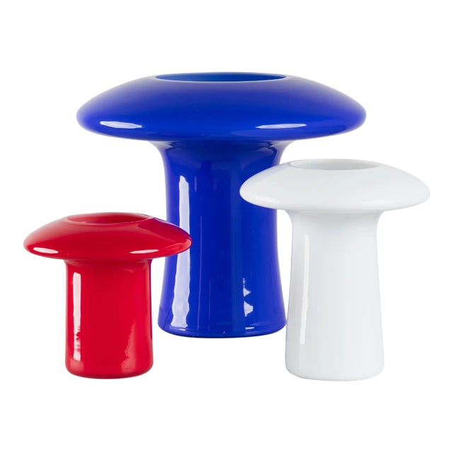 Angelo Mangiarotti Murano Glass Mushroom Vases for Knoll in Blue Red and White, Set of 3 For Sale