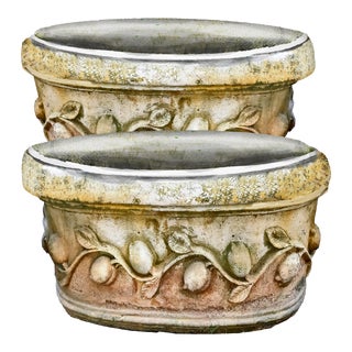 Large Vintage French Oblong Concrete Jardinière With Lemon & Leaf Garland For Sale