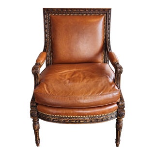 Lewis Mittman Genuine Leather Carved Wood St Laurent Fauteuil Accent Armchair For Sale