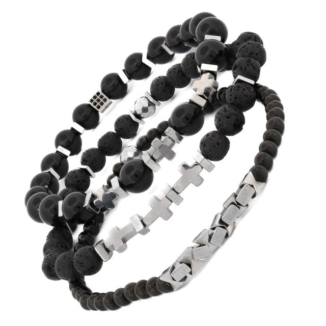 Modern Black Gemstone & Hematite Power Trio Bracelet Set For Sale - Image 3 of 6