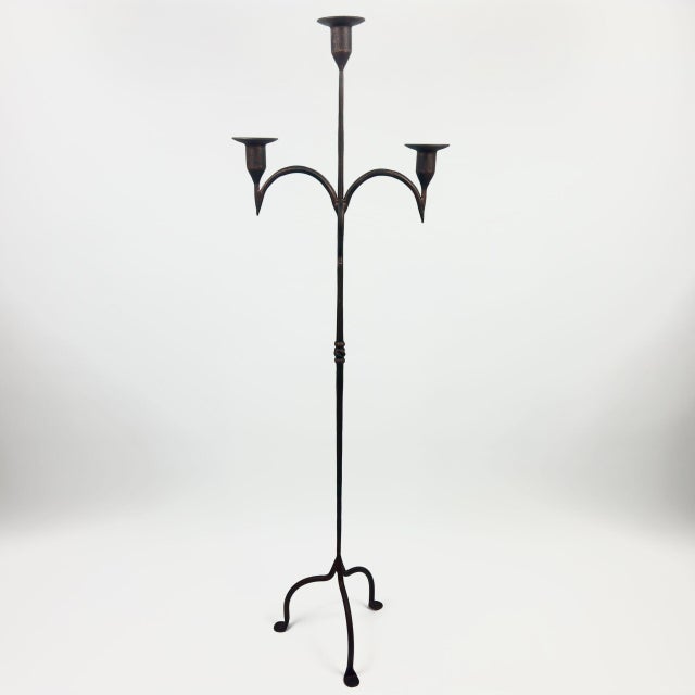Hand Forged Iron Floor Candelabra 49″ (125cm) Antique Copper Patina 3-Arm Slim Base Candle Holder Rustic Decor For Sale - Image 6 of 7