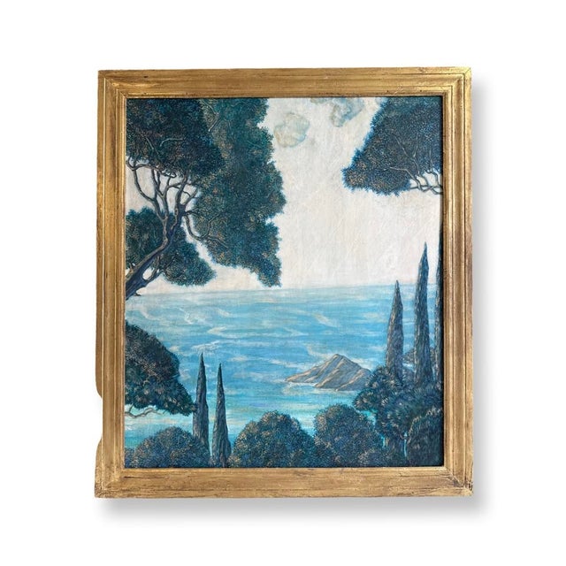 Vintage Italian Pair of Water Painting on wood Design of Forest with Golden Frames.