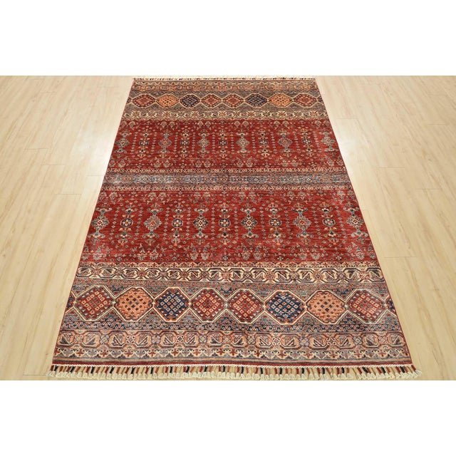 Farmhouse Fine Khorjin Rug 5’6” X 7’7” Red Wool Tribal Hand-Knotted Oriental Carpet For Sale - Image 3 of 14