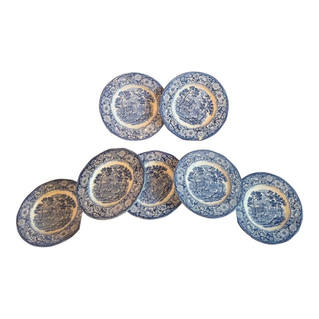 Vintage Liberty Blue Monticello Plates – Staffordshire Ironstone, Americana Transferware, Bicentennial Era - Set of 7 For Sale