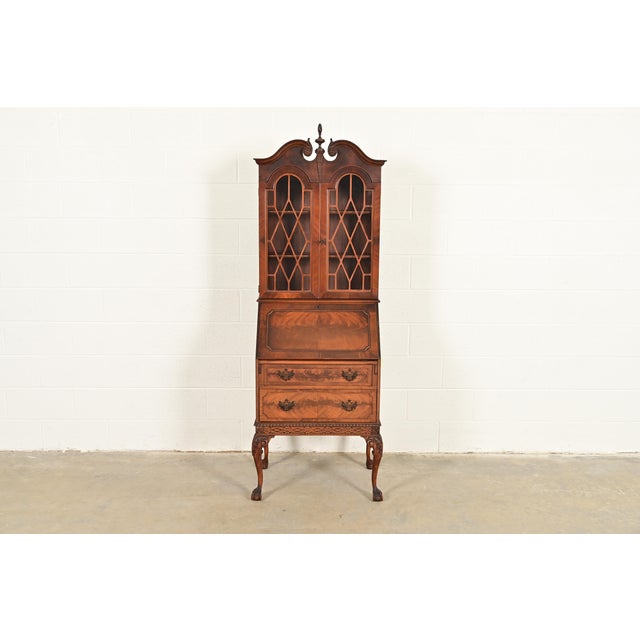 English Chippendale Flame Mahogany Drop Front Secretary Desk With Bookcase Hutch by Saginaw Furniture, Circa 1920s For Sale - Image 3 of 18