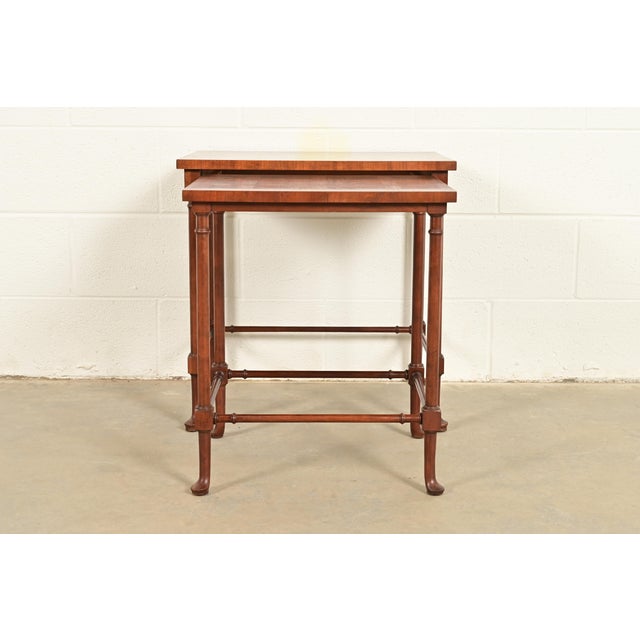 Baker Furniture Company Baker Furniture English Regency Walnut and Burl Wood Parquet Top Nesting Tables, Pair For Sale - Image 4 of 13