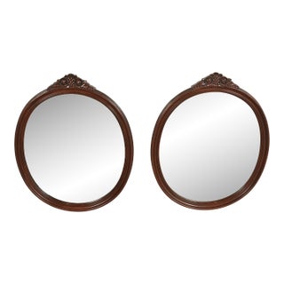 Romweber Style Antique Victorian Carved Mahogany Oval Wall Mirrors, Pair For Sale