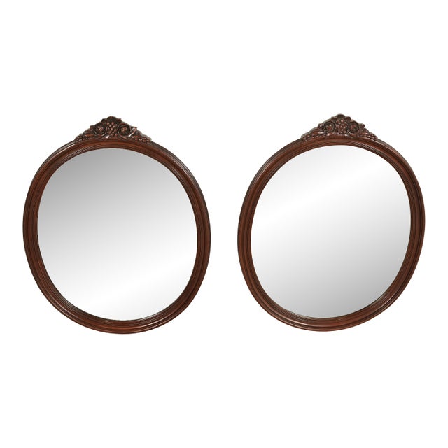 Romweber Style Antique Victorian Carved Mahogany Oval Wall Mirrors, Pair For Sale