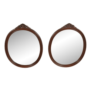 Romweber Style Antique Victorian Carved Mahogany Oval Wall Mirrors, Pair
