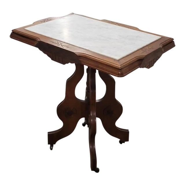 Victorian Eastlake Walnut Side Table With White Marble Picture Frame Top For Sale