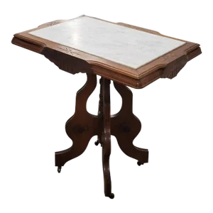 Victorian Eastlake Walnut Side Table With White Marble Picture Frame Top