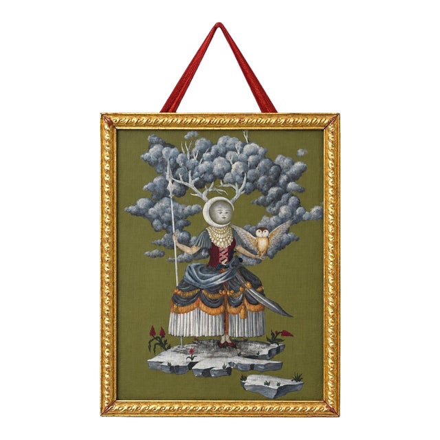 Gustavian Style Allegorical Oil in Wood Painting of “The Lady Moon” With Gilt Border For Sale