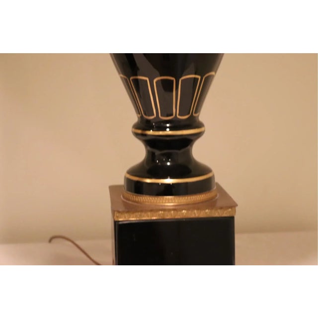 Vintage Mid 20th Century Black and Gold Ceramic Table Lamps With Shades - a Pair For Sale - Image 11 of 12