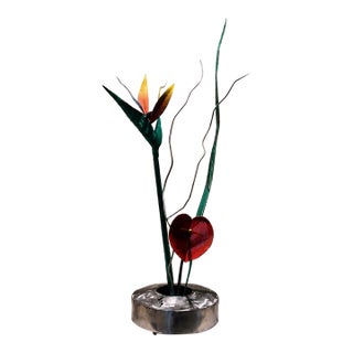 Contemporary Handcrafted Metal Floral Sculpture - Bird of Paradise & Anthurium in Brushed Steel Base - signed "K Johnson" For Sale