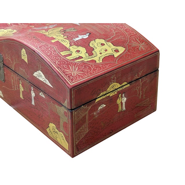 Red Lacquer Chinoiserie-Style Gold Silver Scenery Graphic Rectangular Box For Sale - Image 13 of 13