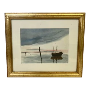 Antique Original Signed Sailboat Watercolor Painting by R C Fry From England - Circa 1918