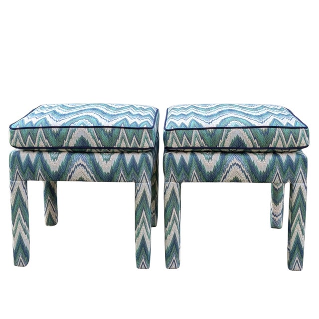 Schumacher Valkyrie Flame Stitch Parsons Ottomans in Emerald & Peacock. 100% cotton, 12,000 double rubs make them a...