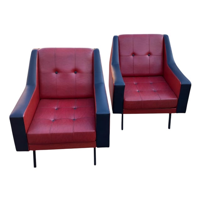 Set of Red and Black Armchairs, 1960s For Sale