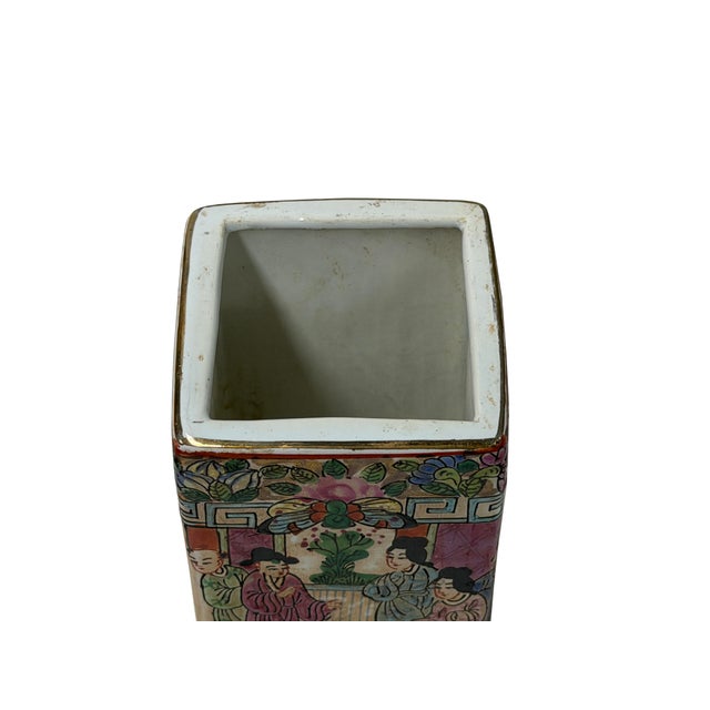 Pink Vintage Chinese Square Floral Bird Figural Graphic Porcelain Holder For Sale - Image 8 of 9