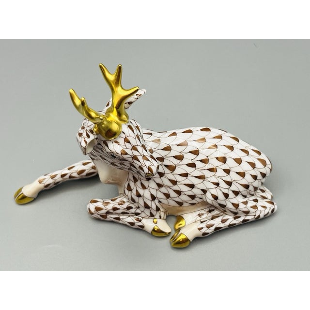 Mid-Century Modern Vintage MCM Herend Roe Buck in Chocolate Fishnet Deer Figurine For Sale - Image 3 of 5