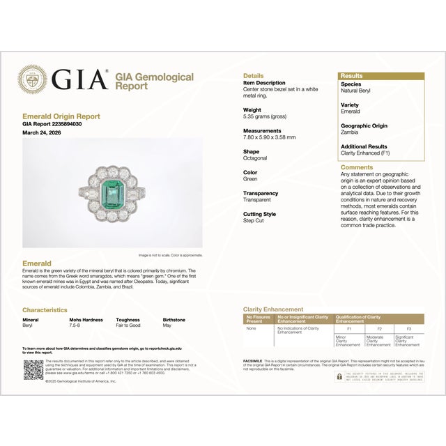 Gia Certified 2.53ct Natural Zambian Emerald & Diamond Halo Milgrain 18k White Gold Ring, Size 5 For Sale - Image 16 of 16