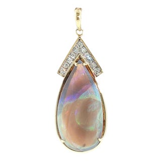 Mid Century 14k Two Tone Grey Based Opal and Diamond Pendant For Sale