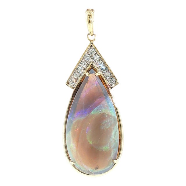 Mid Century 14k Two Tone Grey Based Opal and Diamond Pendant For Sale