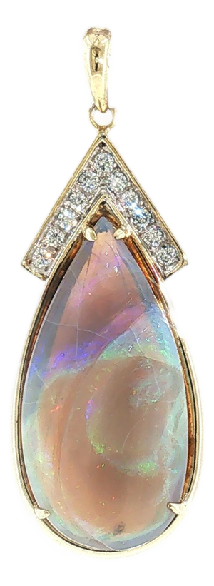 Mid Century 14k Two Tone Grey Based Opal and Diamond Pendant