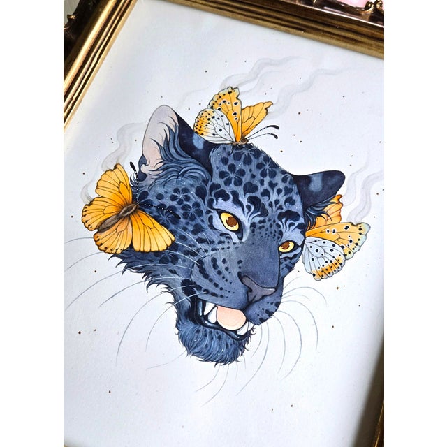 Contemporary Amur Rarities by Nana Williams | Watercolor of a leopard's head with butterflies For Sale - Image 3 of 5